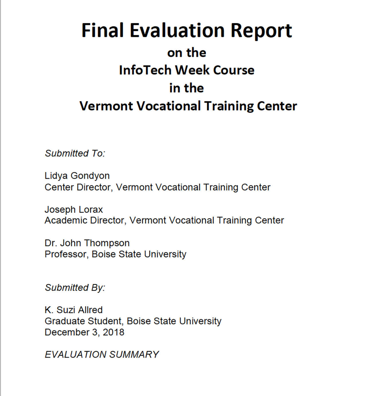 Vermont Training Center Evaluation Report